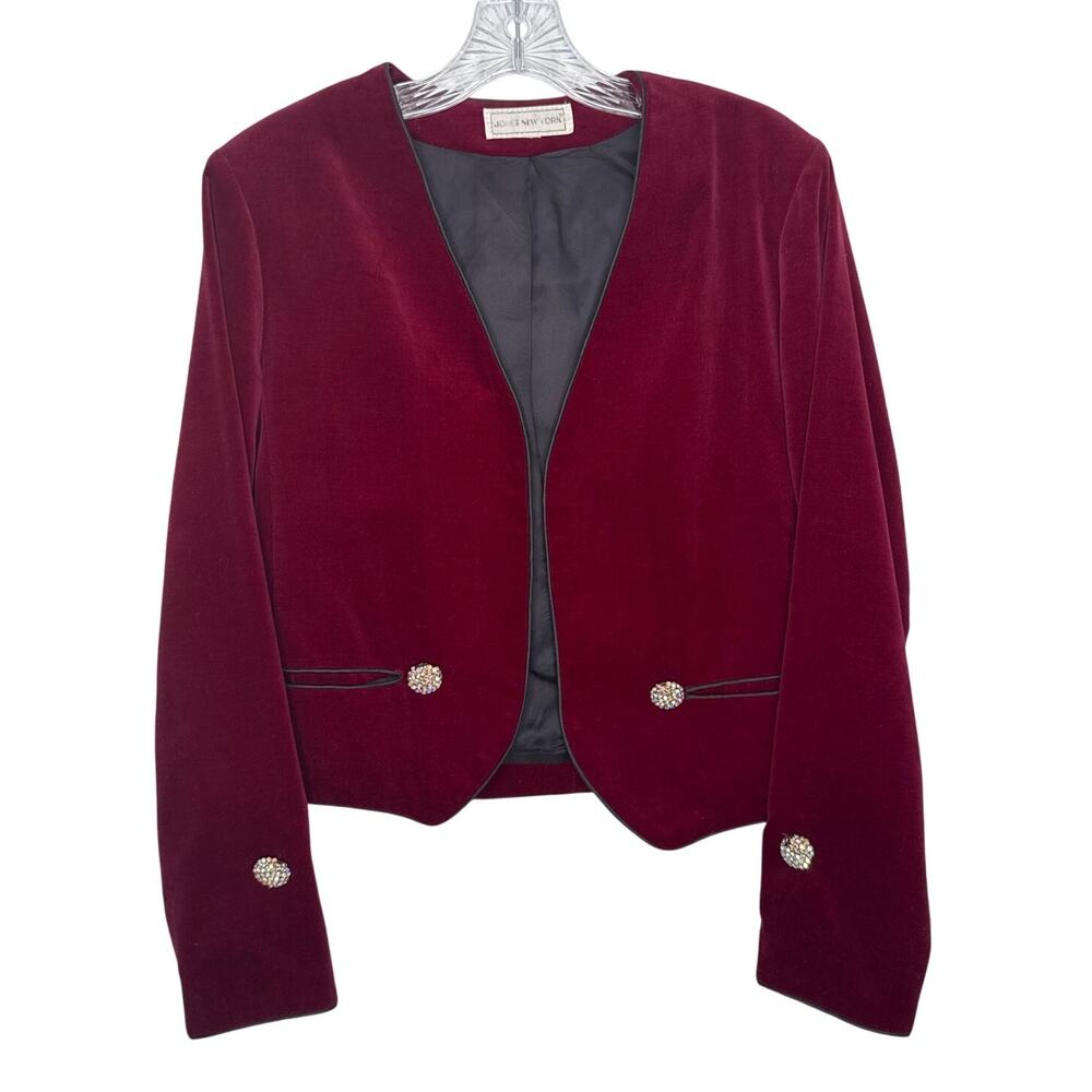 Vintage 90s Jones New York Burgundy Velvet Cropped Blazer Jeweled Buttons Medium